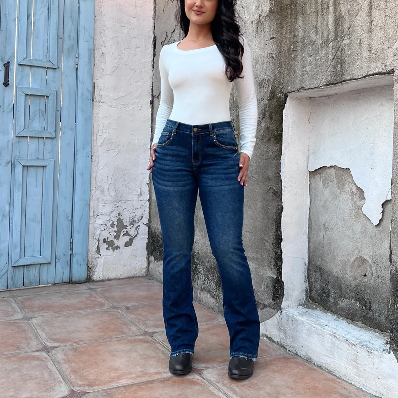 جينز أنيق عالي التمدد نحيل متوهج، جيوب بطبعة جلد الفهد مع ترصيع، مقاس نحيف متوسط الخصر - ريترو وأنيق طويل الطول T27