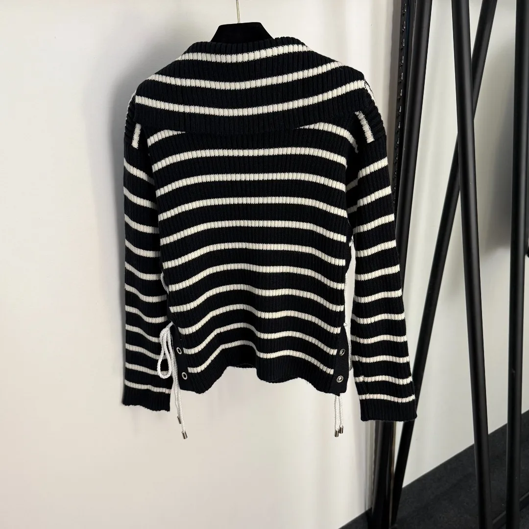 

2025 winter autumn sweater New side-tied waist-cinching navy collar striped long-sleeved wool knitted sweater top, black