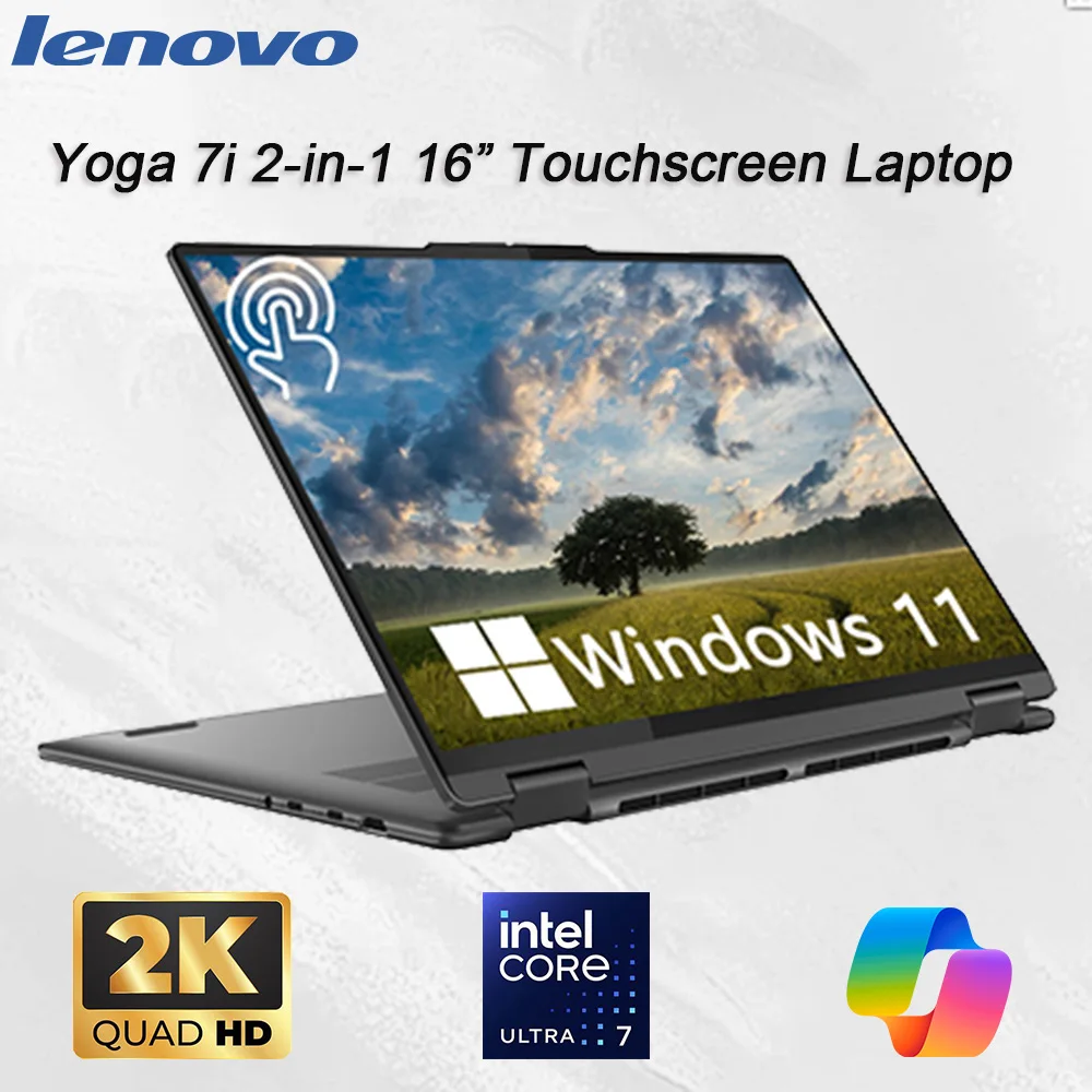 Lenovo Yoga 7i 2-in-1 Touchscreen Laptop, 16" 2K IPS Display, Intel Ultra 5 125U, 16GB DDR5 RAM, Up to 1TB SSD