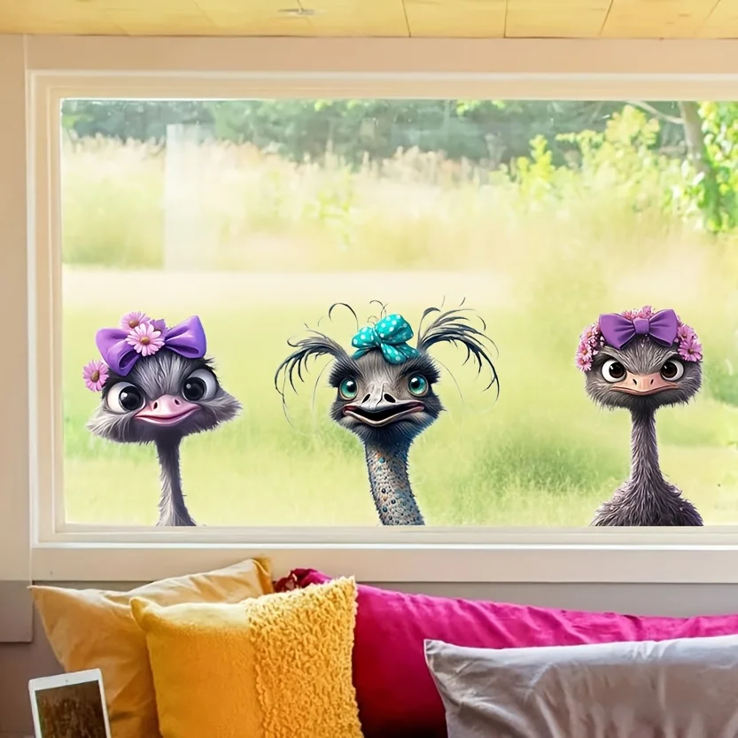 3Pcs Funny Ostrich Wall Stickers, Self-Adhesive Pvc Wall Decorations, Suitable for Bathrooms, Study Rooms, Dining Rooms, Bedrooms, Living Rooms, Kitchens, Doors, Windows, Cabinets, Glass, Tiles, and Wall Decorations, Cute and Attractive Stickers That Are Practical and Easy to Create a Cozy Space