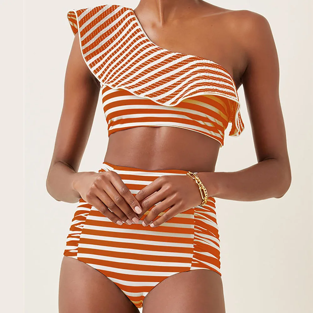 Striped Print Ruffle Split Swimsuit Two Pieces Tankini Women Swimming Suits Triangle Micro Bikinis Sexy Swimwear Patchwork