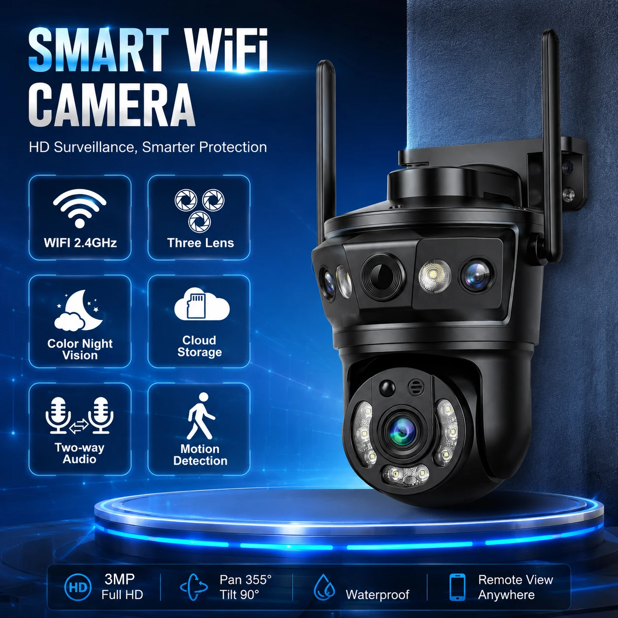 Three Lens WIFI IP Camera Outdoor 9MP  Three Screen PTZ Camera Human Detection IP66 Waterproof Smart CCTV Video Security Camera