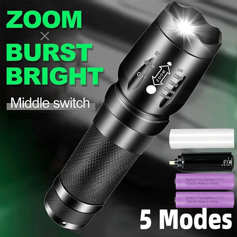 Battery Powered Flashlight Set 5 Light Modes Zoomable LED Tactical Torch for Outdoor Camping Hunting Hiking