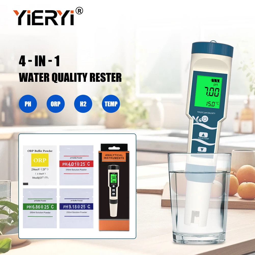 

New 4-in-1 Water Quality Meter H2 PH ORP TEMP Tester Monitor 0-2400PPb Hydrogen Analyzer Detector ATC for Aquariums Pools Spa