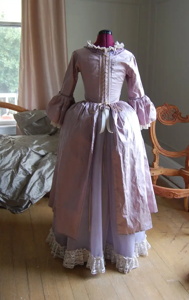 Rococo Colonial Georgian 18th Marie Antoinette Day Court La Francaise Sack Back Dress Gown Dress Medieval Victorian Dress