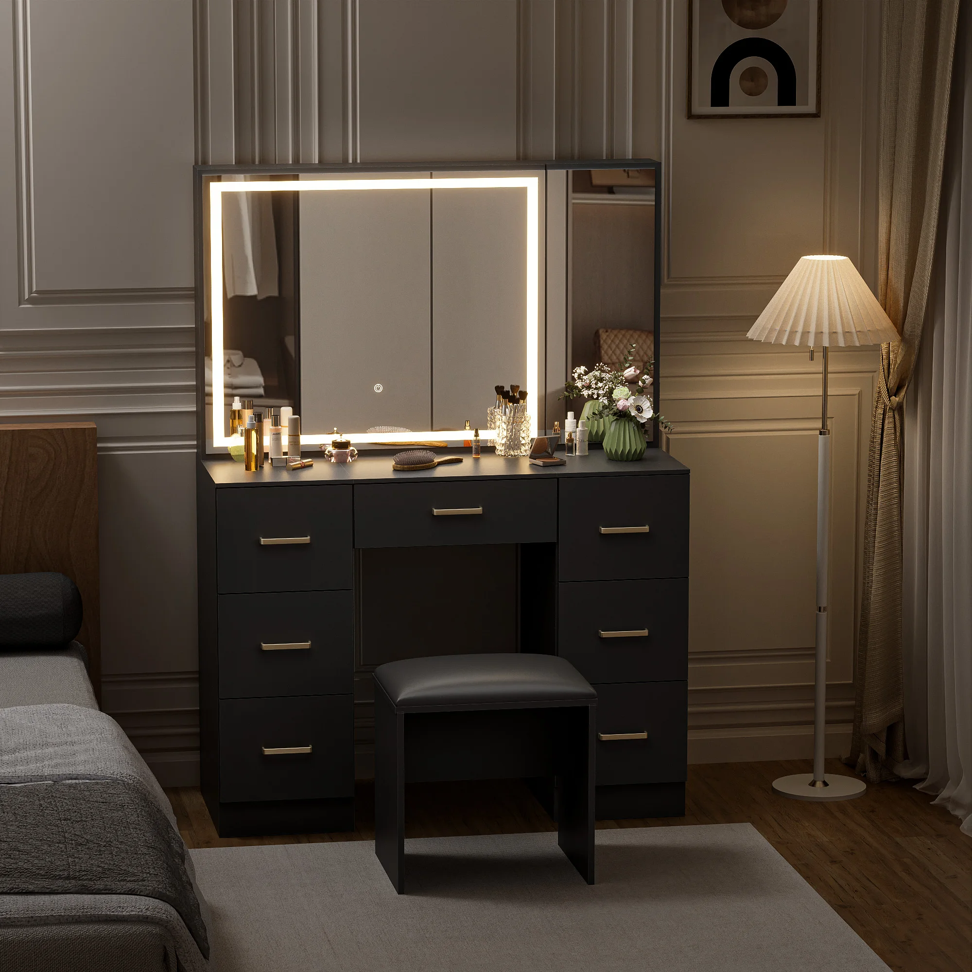 طاولة زينة خشبية مع مقعد/7 أدراج/مرآة/سطوع قابل للتعديل مناسبة لغرفة النوم وغرفة الملابس المنزلية