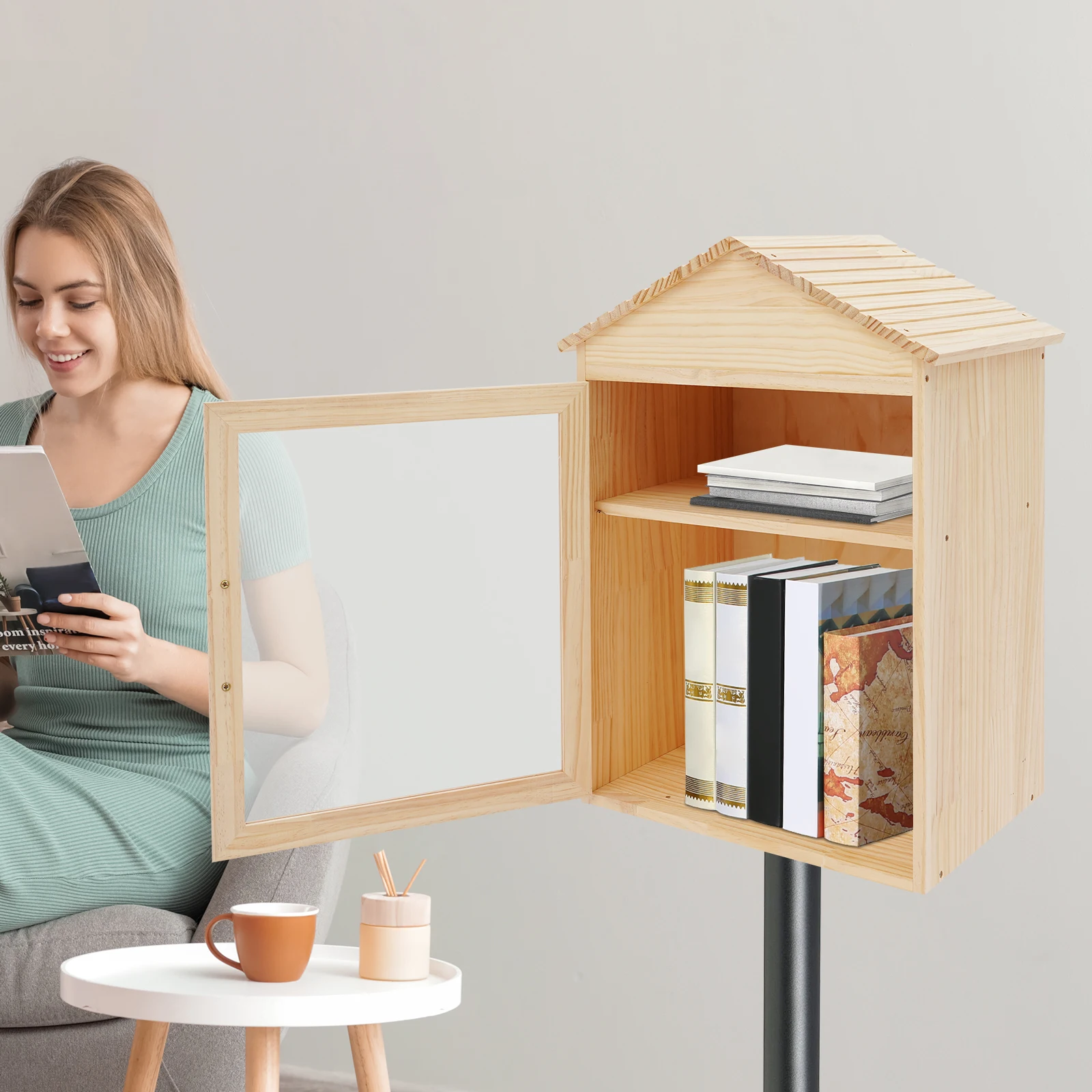 خزانة كتب خشبية من خشب الصنوبر والأكريليك بطبقتين لغرف المعيشة والمكتبات والمدارس والحدائق لتخزين الكتب والمجلات وما إلى ذلك