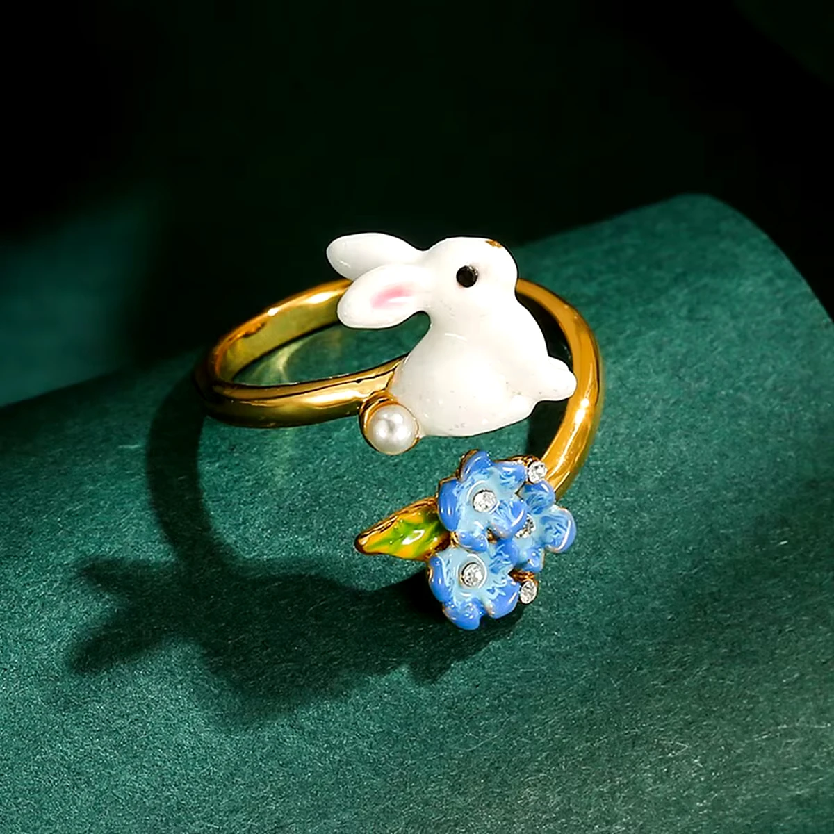 Arlea Blue Flower Rabbit Ring for Women Hand-made Enamel Flower Ring Rabbit Ring Original Design Opening Ddjustable Finger Ring