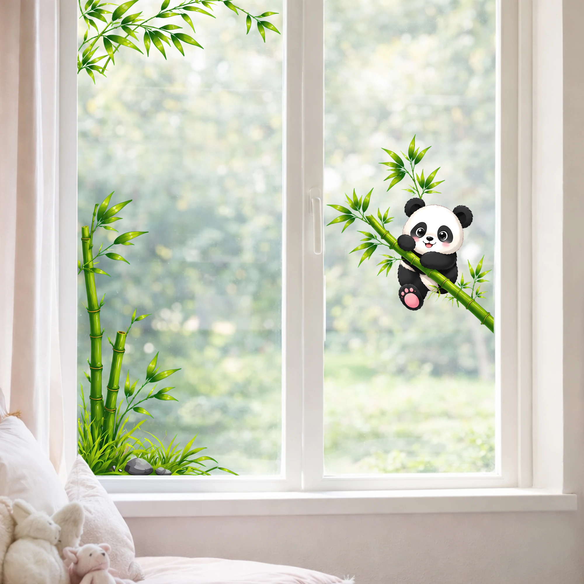 Cute Panda with Bamboo Bathroom Mirror Sticker, Green Leaf Wall Decal for Kids Room Toilet Glass Door Vanity Home Decoration view 3