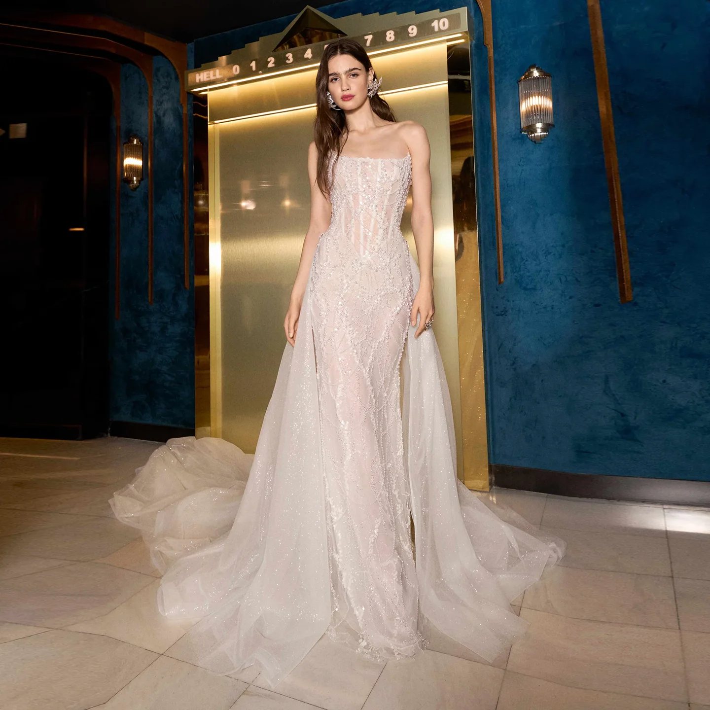 

Sharon Said 2025 Glamorous Mermaid Off White Tulle Wedding Dress With Detachable Overskirt Strapless Bride Gown SW334 Customized
