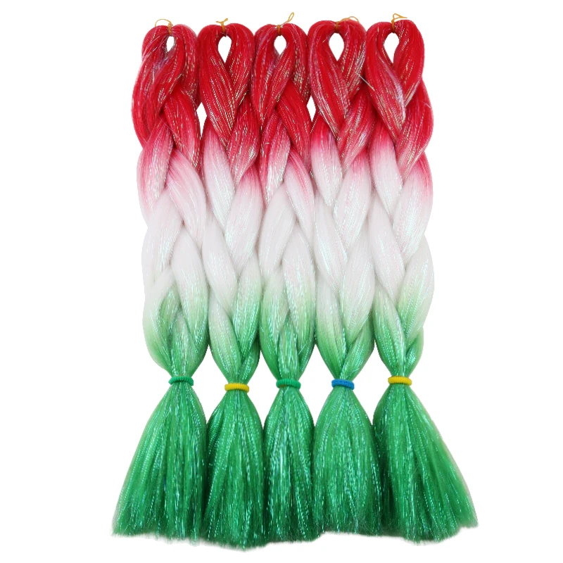 Extensions capillaires synthétiques 24 pouces, 1 pièce, mélange de tresses scintillantes, rose rouge vert