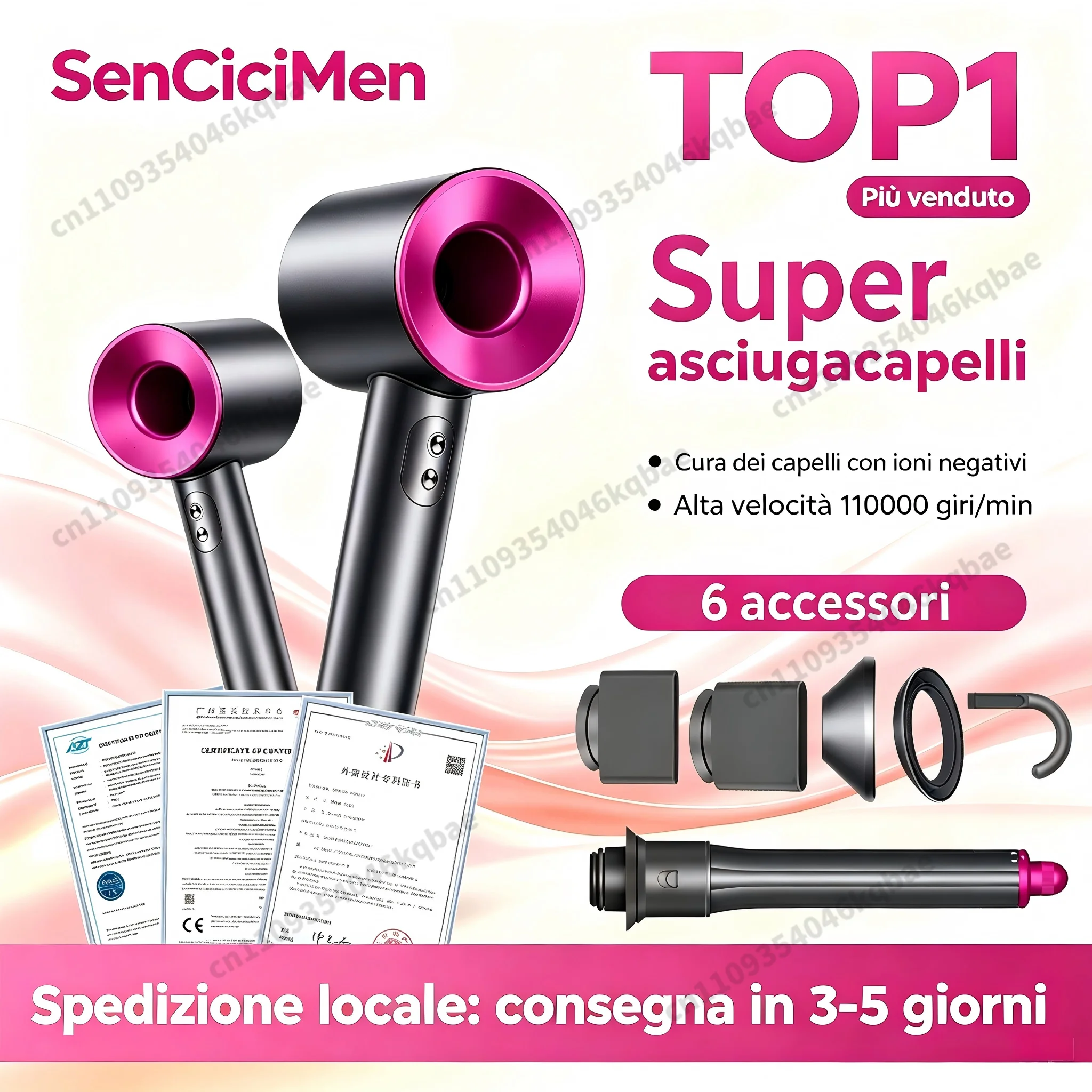 SenCiciMen Asciugacapelli 6 IN 1 con Ioni Negativi per la Cura dei Capelli, Asciugacapelli con Arricciacapelli Automatico, 1600W, Elettrodomestici per la Casa, Strumenti per lo Styling, Idee Regalo