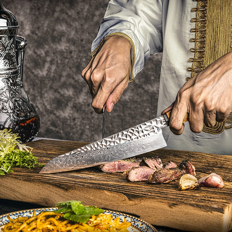 Premium Quality Chef Knife 8 Inch Damascus Blade Stabilized Wood Handle Meat Vegetables Cooking Butcher Kitchen Tool Beige White