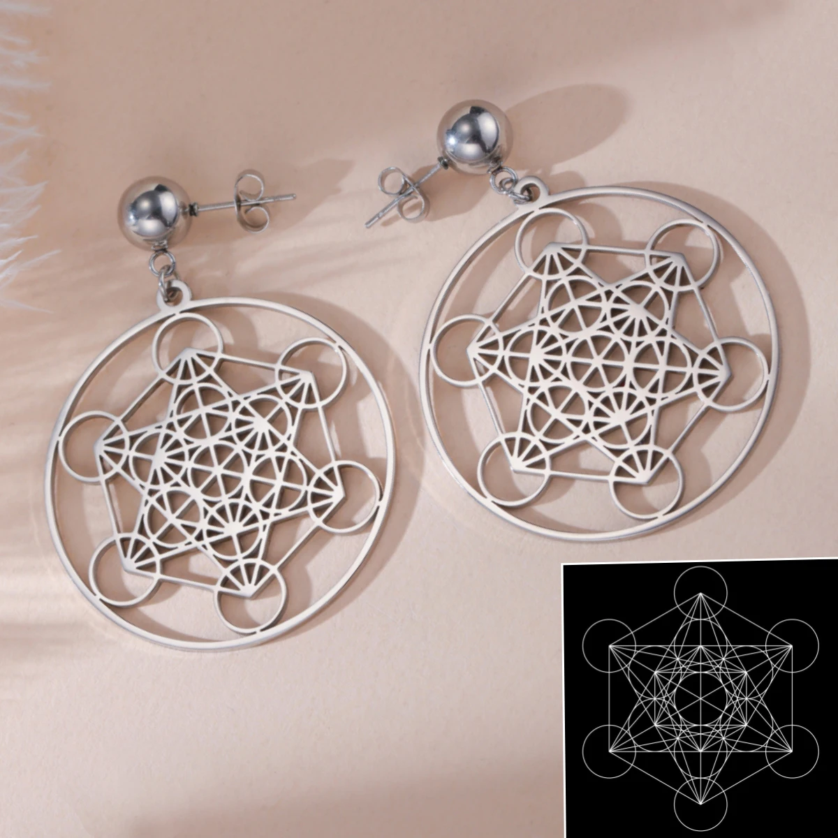 LIKGREAT Archangel Metatron Cube Stud Earrings for Women Stainless Steel Magic Angel Seal Sacred Geometry Jewelry Gifts