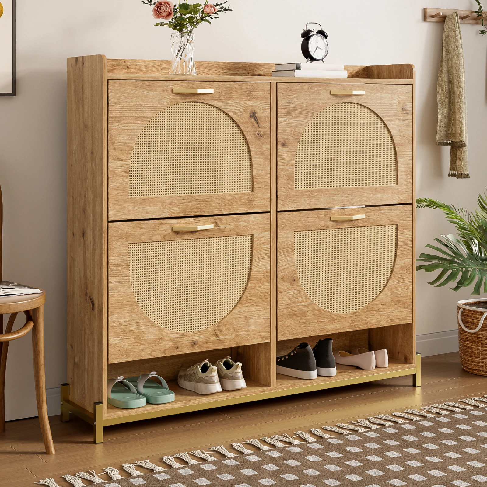 Anajqaqia Houten schoenenkast met rotan deuren, 4-deuren, metalen frame en bovenste plank