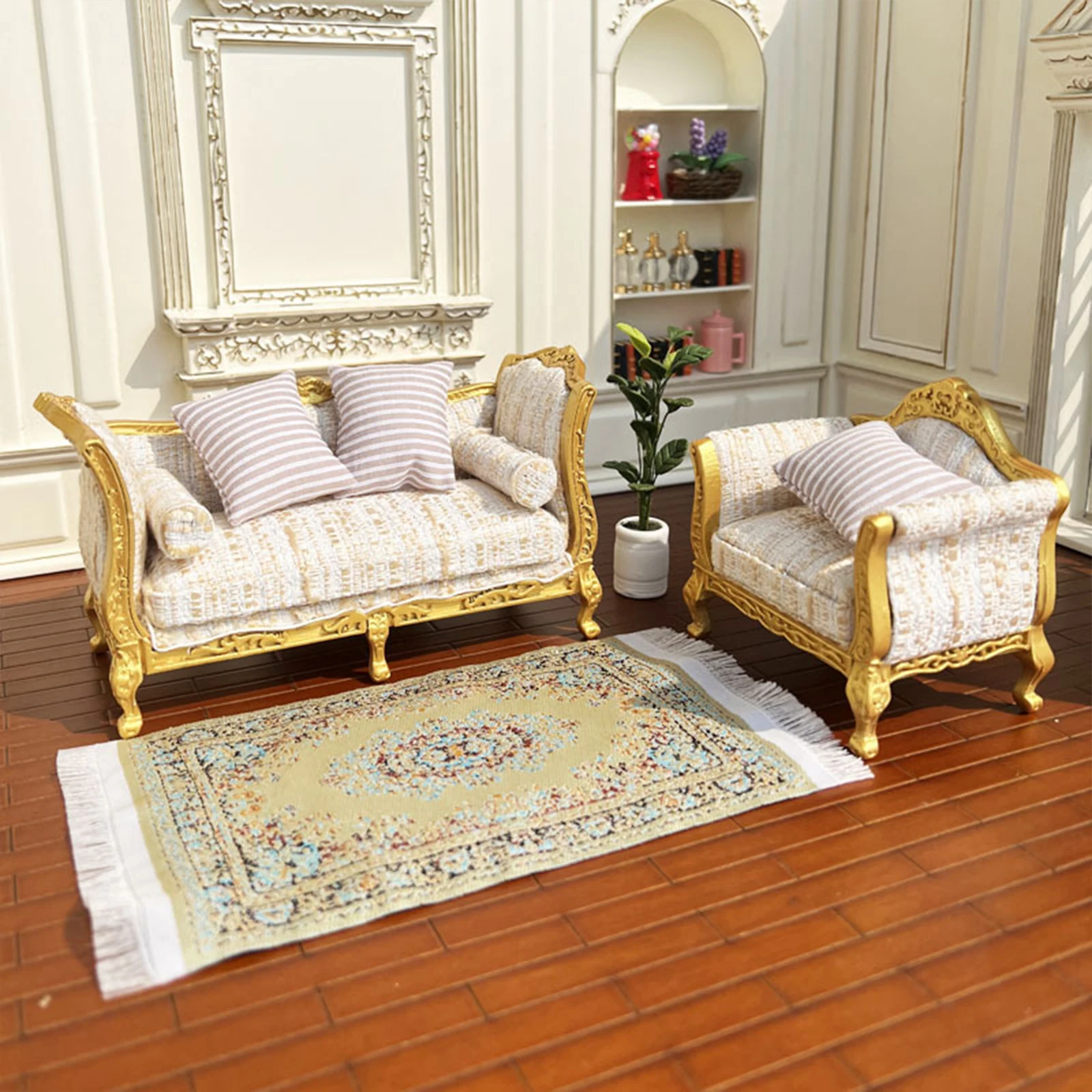 Sofá de madera en miniatura para casa de muñecas, modelo de sofá decorativo en miniatura dorado para casa de muñecas