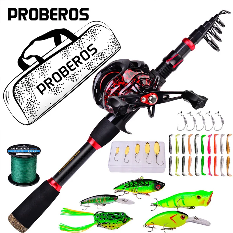 proberos pesca telescopica rod e kit reel baitcasting reel linha iscas ganchos bolsa combo 21 fibra de carbono 721 relacao 01