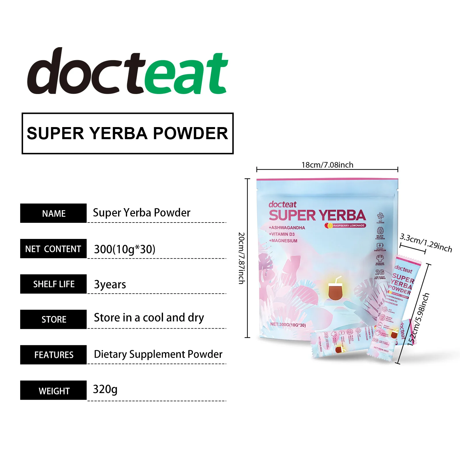 Docteat 300 جرام مسحوق يربا ماتي الفوري مكمل للطاقة الرعاية الصحية بالأمعاء زيادة اكتمال النكهة الطازجة شرب يربا ماتي مسحوق