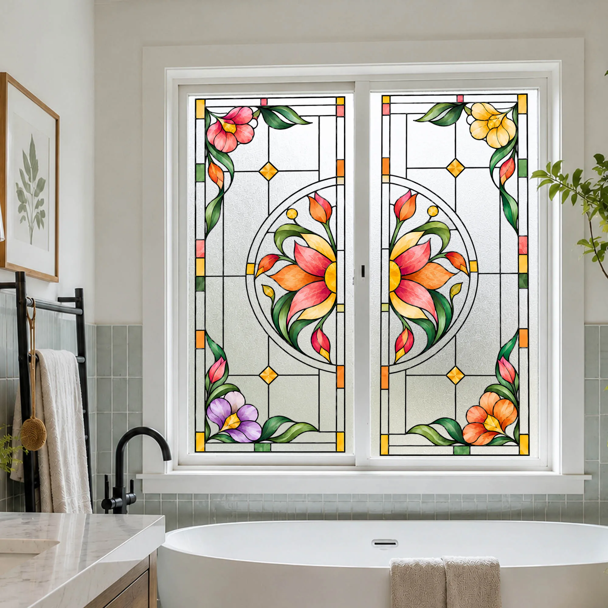 Floral Stained Glass Window Film Static Cling Frosted Glass Sticker Decorative Privacy Window Film Colorful Window Decoration