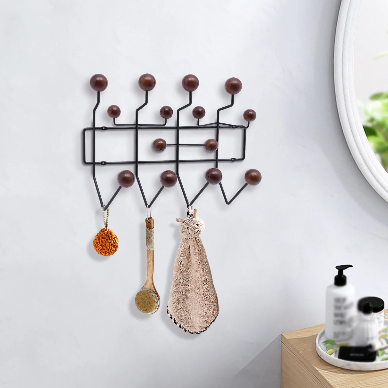 Wall Hanger Coat Rack Hang It All Candy Solid Walnut Wooden Balls Hat Organizer With 14 Hooks For Hallways, Bedrooms,Living Room