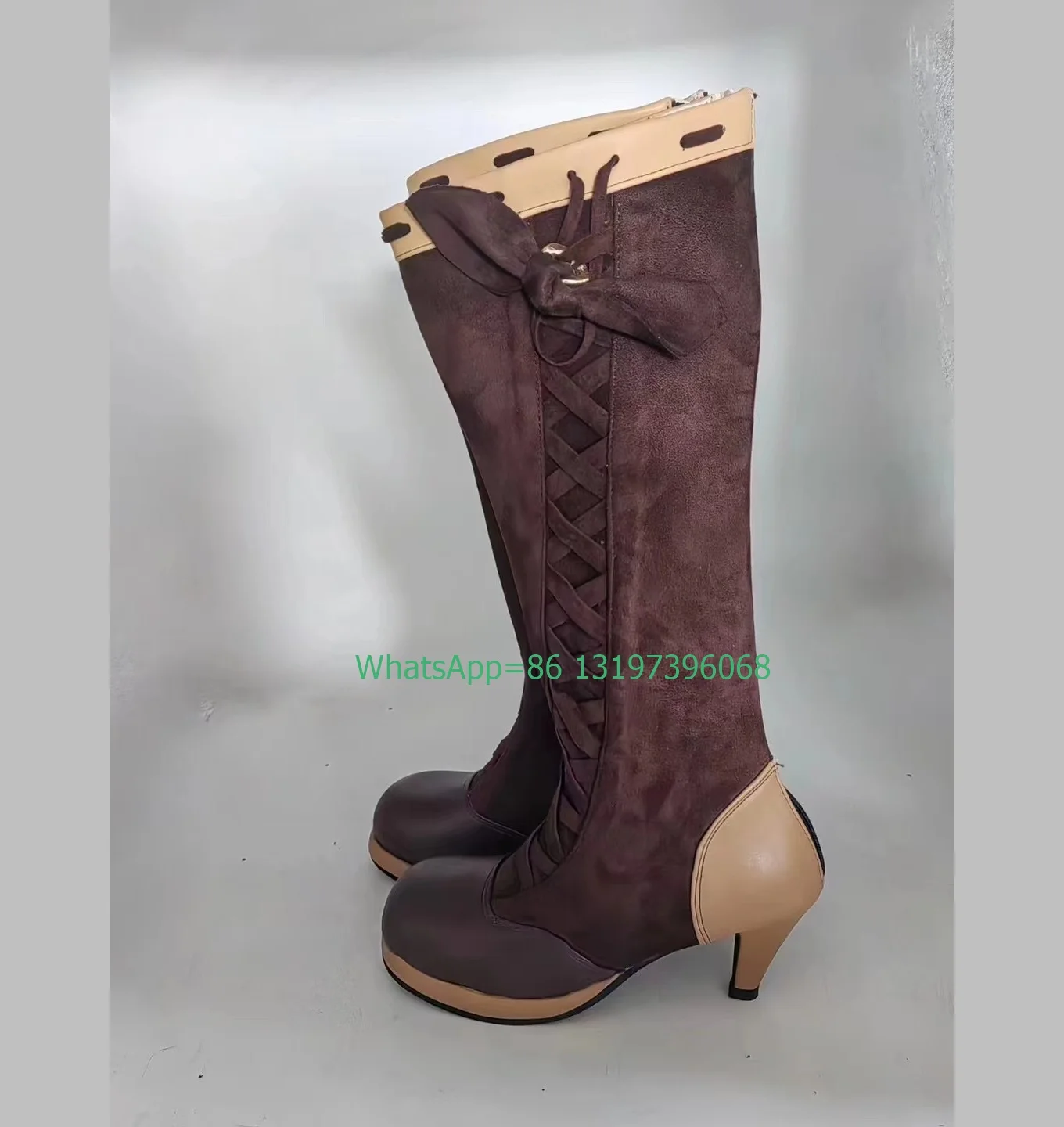 

Lady vintage lace brown low heel knee boots square toe metallic PU lace-up boots bowtie suede brown boots retro style boots size