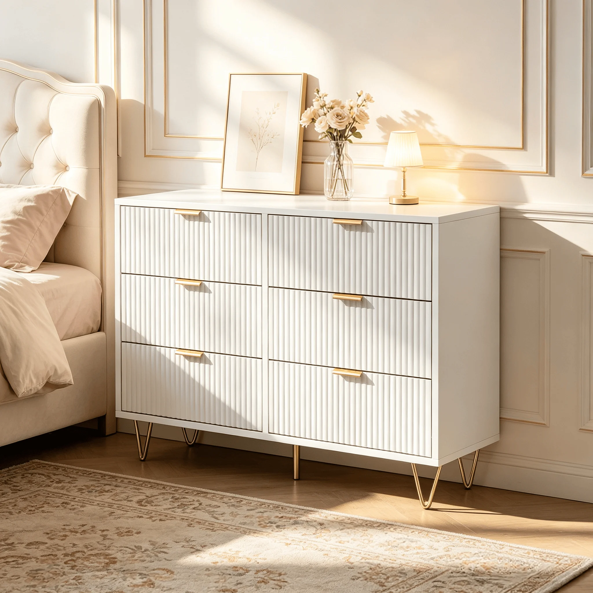 Commode 6 tiroirs,meuble de rangement à 3 niveaux,motifs vagues,poignées dorées,pieds dorés pour chambre,salon,style moderne,blanc