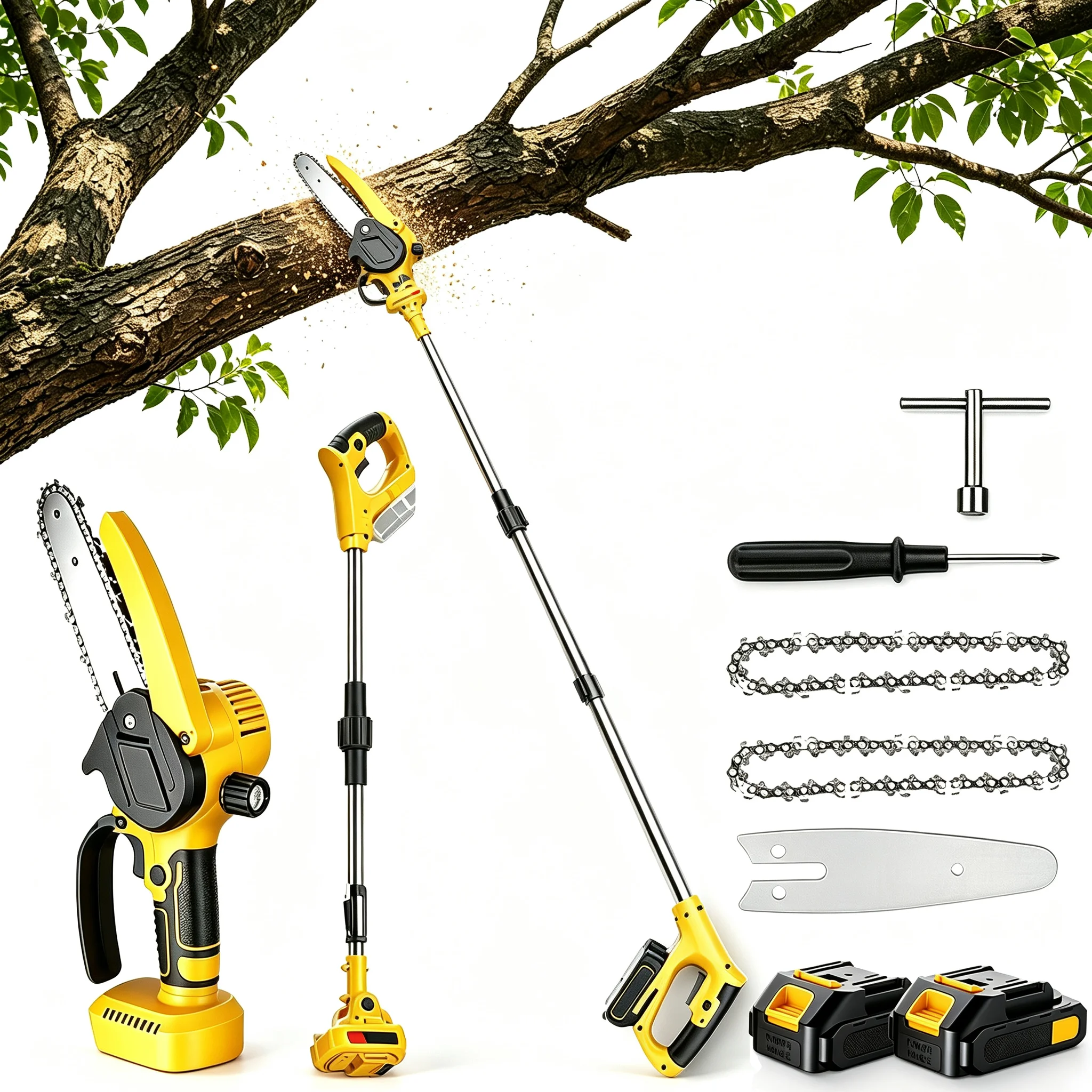 Image of 2-in-1 Teleskop-Elektro-Kettensäge, wiederaufladbares Mini-Handketten-Säge-Set mit Lithium-Batterien und Sicherheitsschutzausrüstung zum Schneiden von Baumzweigen im Garten.