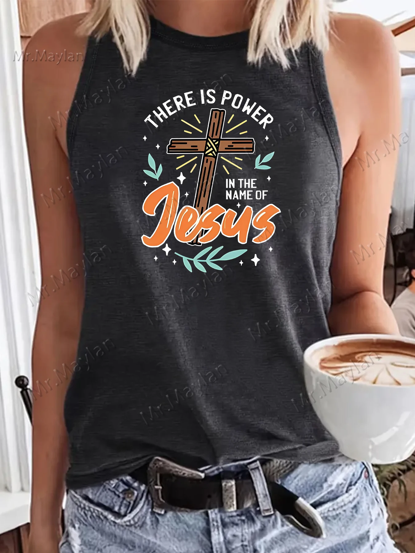 There Is Power In The Name Of Jesus Print Women Tank Tops Sexy O-neck Vest Tees Girl Black Clothes Oversized Ropa De Mujer S-138