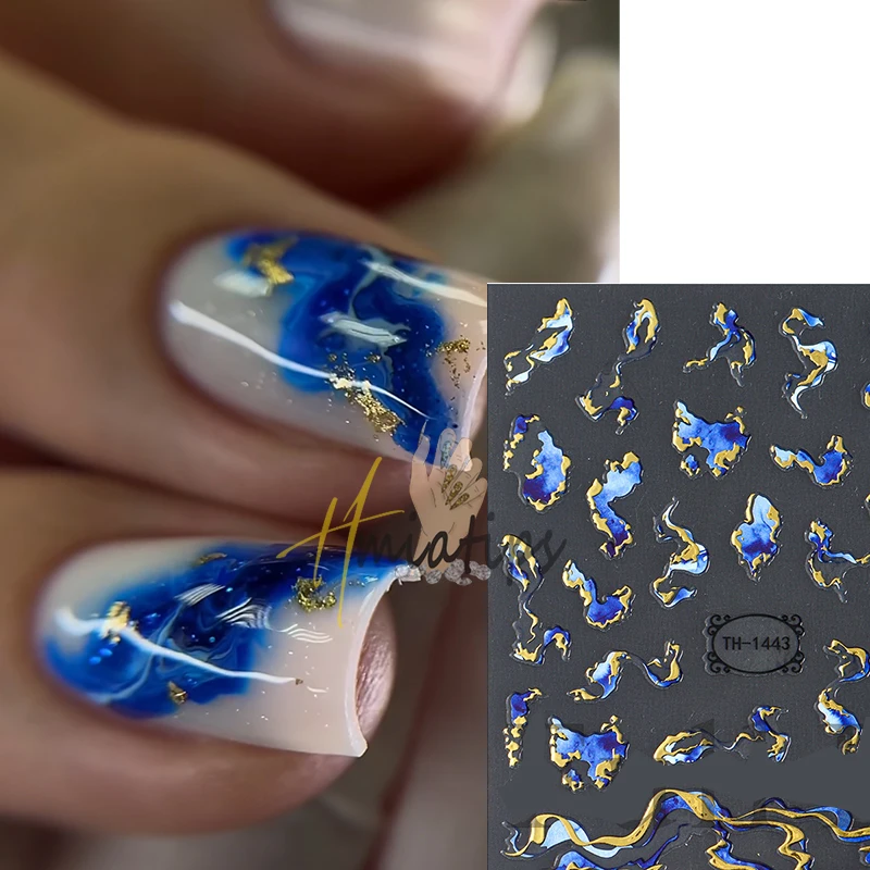 3D Golden Wave Line Nail Sticker Marble Blue Geometry Abstract Flowers Nail Art Sliders Decals Foils Manicure Decorations