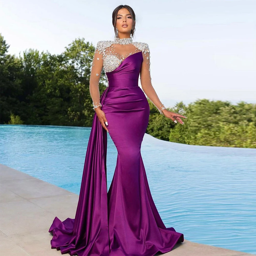 Sexy Evening Dress Purple Satin Rhinestone Evening Trumpet High Collar Long Dresses Long Beaded Evening Gowns