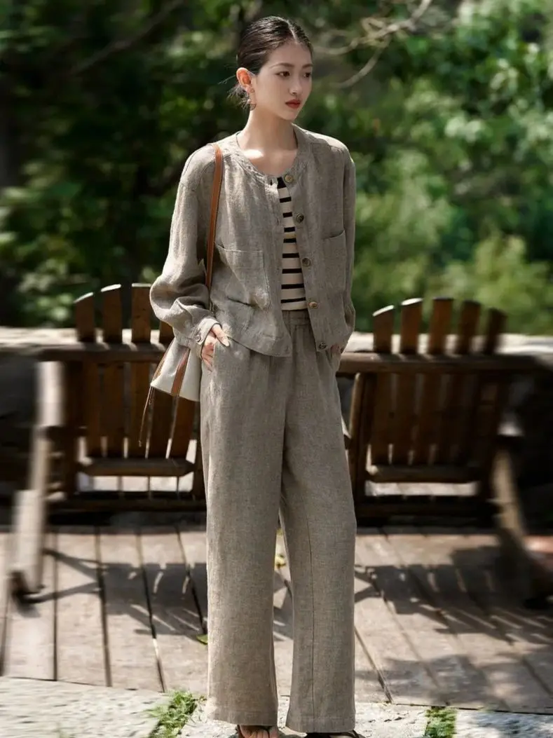 

Autumn women's casual 100% linen solid color trouser suit