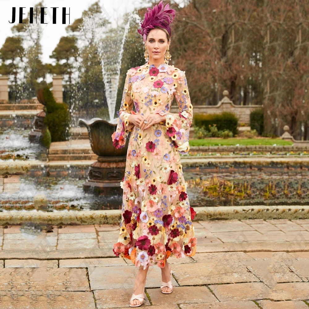 JEHETH High Neck 3D Flowers Prom Dresses For Women Luxury Flare Sleeves Evening Gown Formal Party Tea-Length فساتين مناسبة رسمية