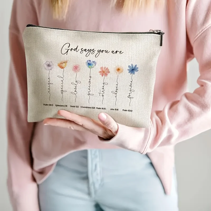 1Pc Inspirational Themed Watercolor Floral and Bible Verse Vintage Design Makeup Bag, Snack Storage Bag, Stationery Storage Bag, Fashionable Toiletry Bag, Canvas Double-Sided Printed Travel Bag