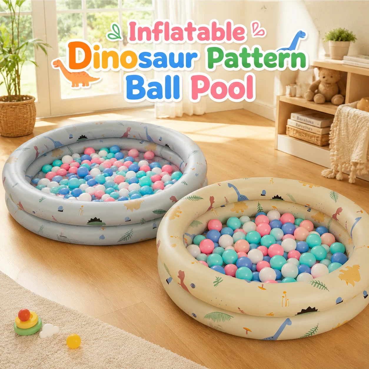 1pc Inflatable Dinosaur Pattern Ball Pool, 2-Ring Round Paddling Pool for Indoor Outdoor Water Play and Pet Bathing