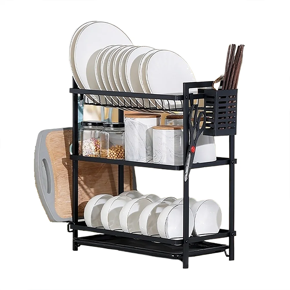 3Layer Kitchen Dish Drying Rack Cutlery Organizer Drainage Basket for Utensils & Plate Storage Fits Over Sink or in Washing Area