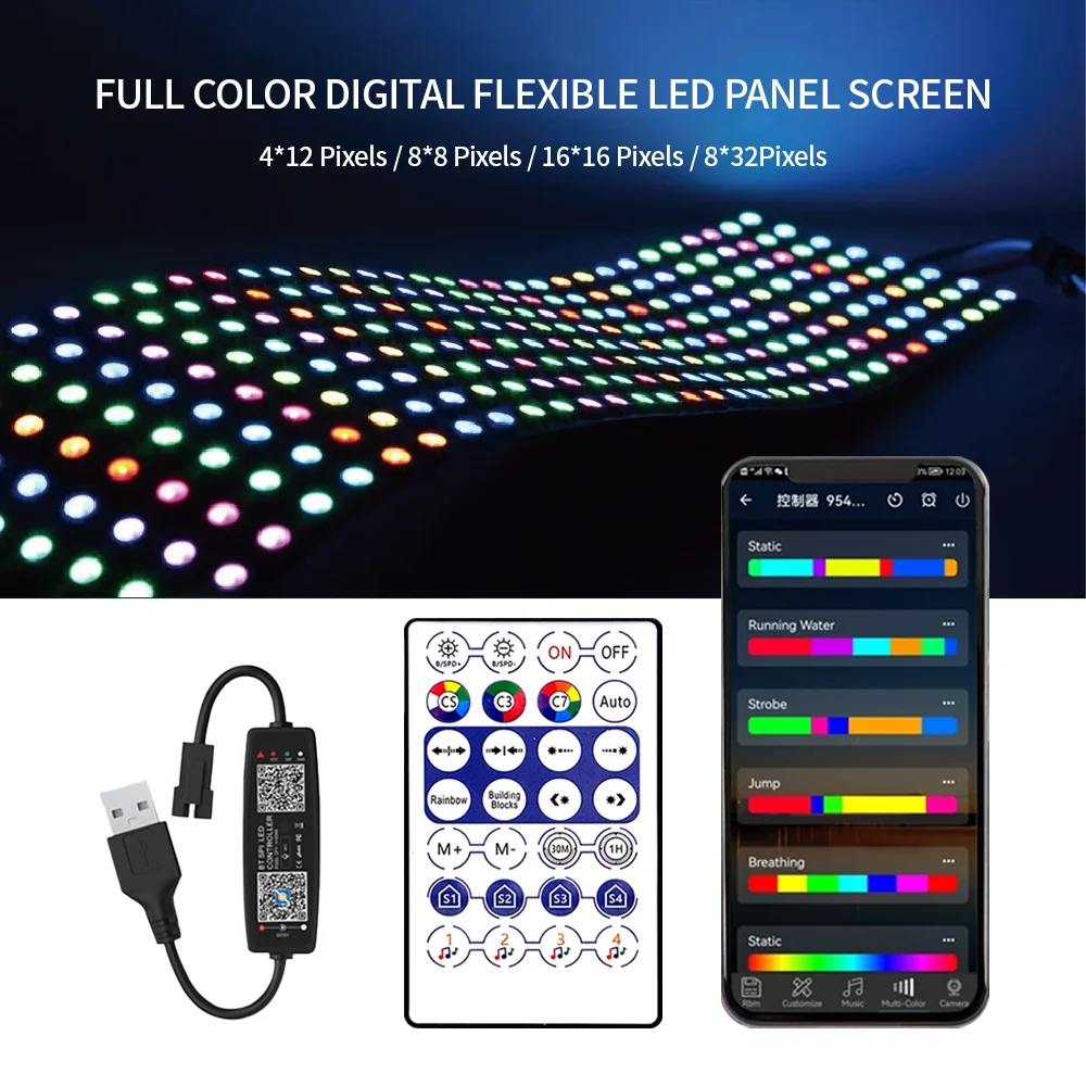 WS2812 Addressable LED Matrix Kit 8x8 16x16 8x32 DC5V USB Bluetooth 28Keys Music Controller Panel