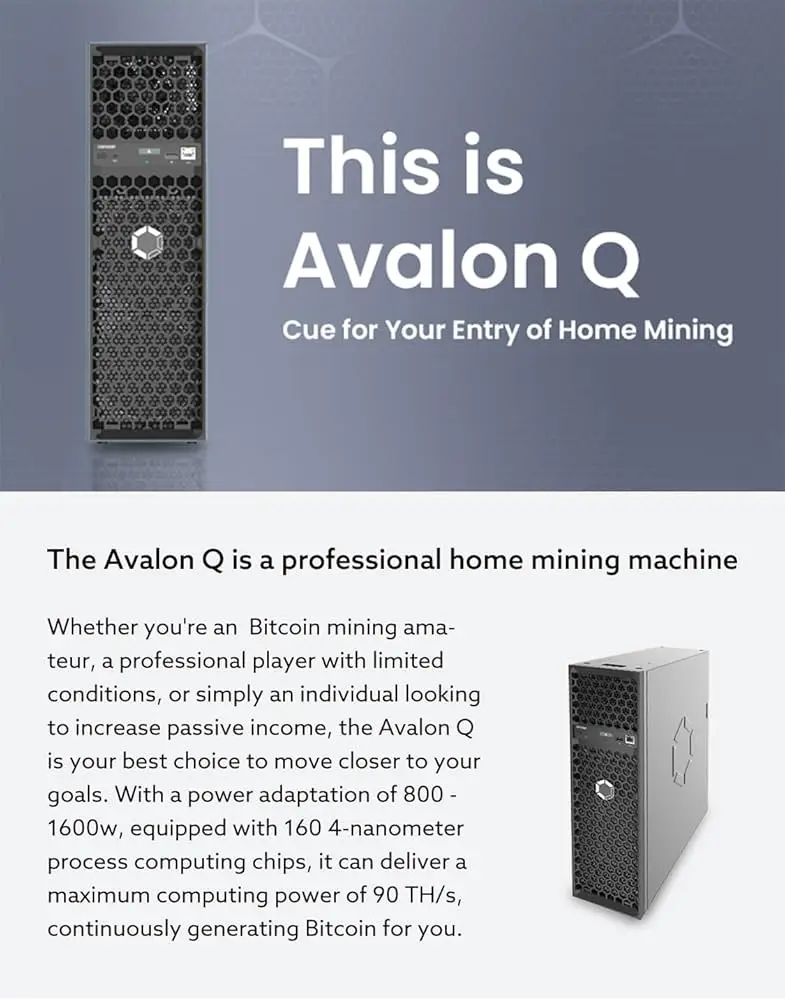 

НОВИНКА: Майнер Bitcoin Avalon Q 90TH/s от New Canaan, 1674W, 18.6J/TH, ASIC-майнер, ультратихий, для домашнего майнинга, оригинальный, с гарантией.