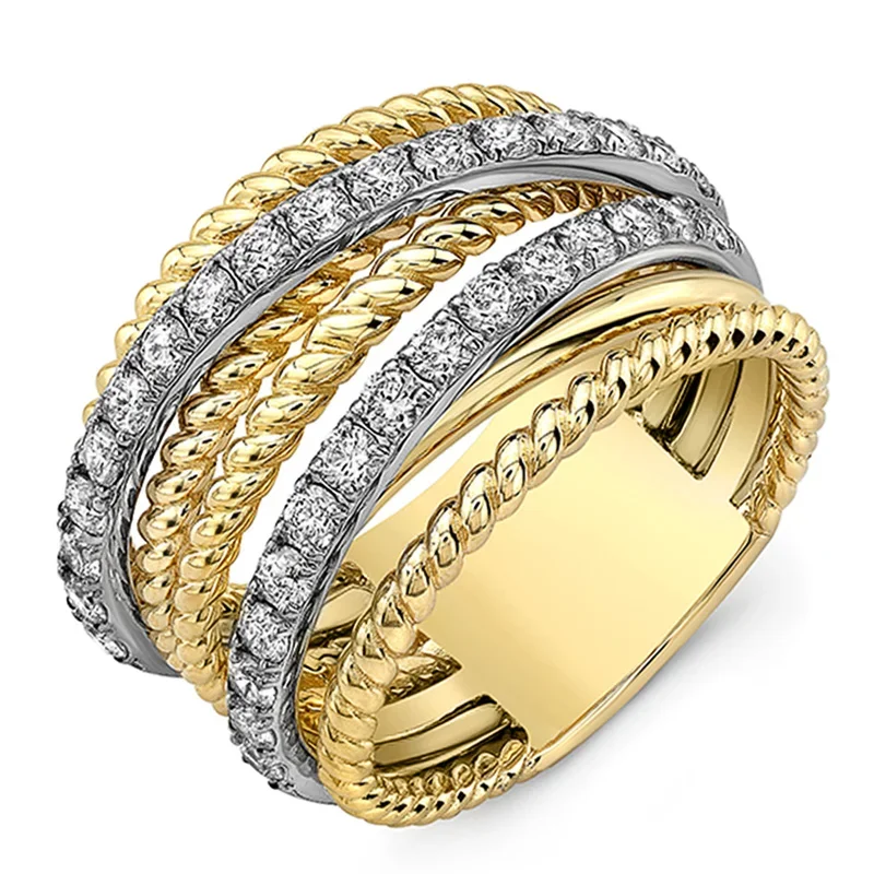 Huitan Fancy Cross Twist Twine Women Ring Gold Color with Micro Crystal Zircon Stone Delicate Wedding Rings Lady Fashion Jewelry — zdjęcie 2