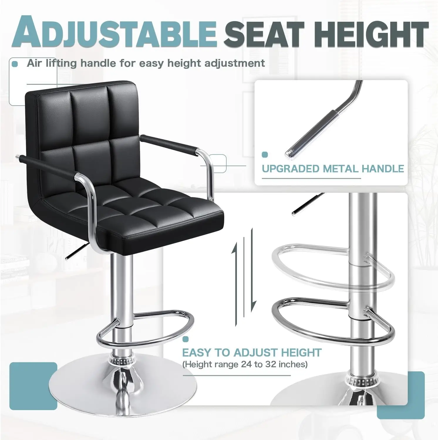 Bar Stools with Armrest Modern PU Leather Swivel Adjustable Hydraulic Bar Stool X-Large Base and Seat Square Counter