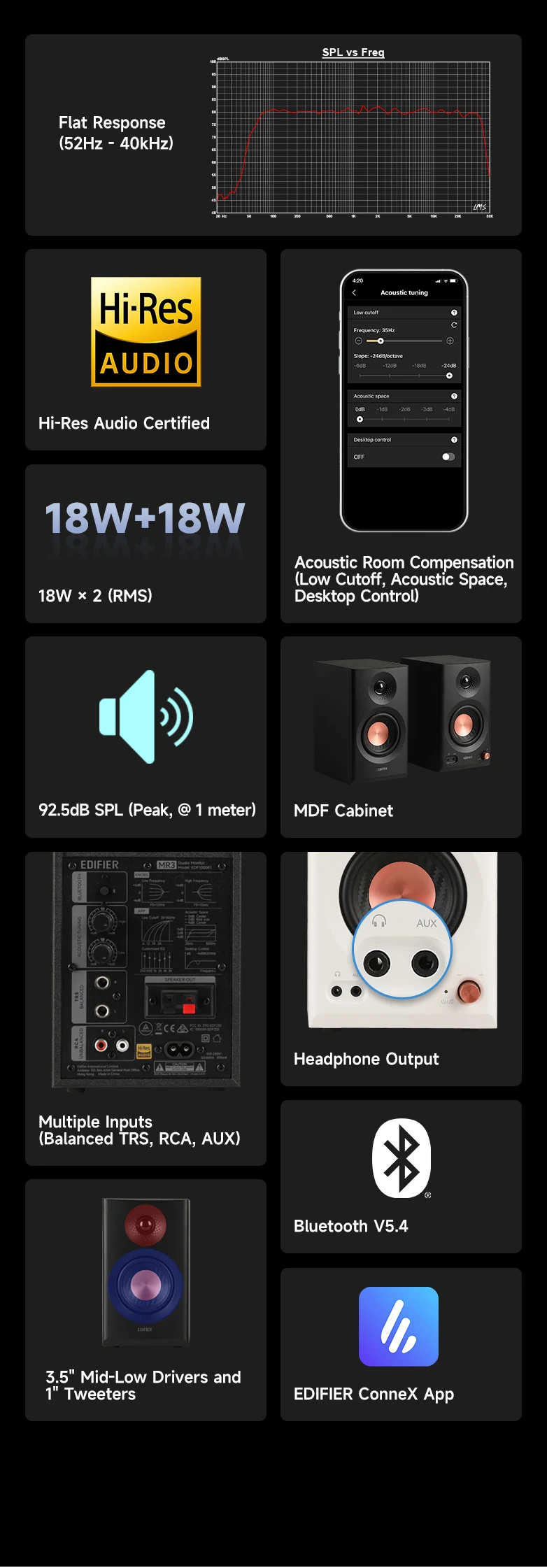 Edifier MR3 Aktive 2.0 Studio-Monitorlautsprecher Bluetooth 5.4 36W RMS Hi-Res Audio 3,5 Zoll Treiber Multi-Eingang – Detail 2