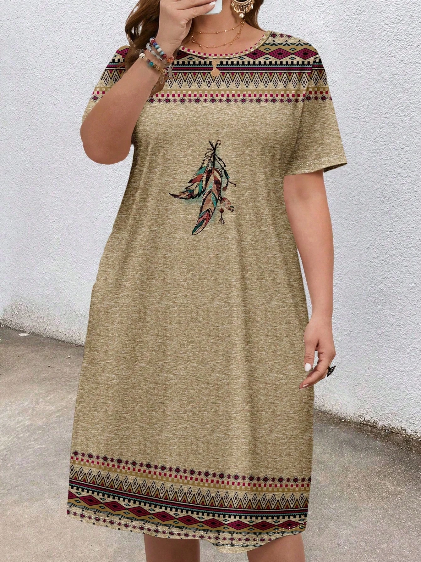 Feather Pattern Print Women T-shirt Dress Summer Fashion High Quality Casual Sport Loose Short Sleeve Round Neck Pullover Dress 2