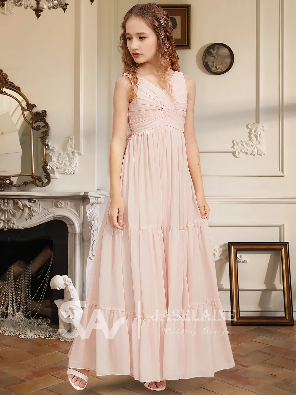 

A A Line V Neck Floor Length Chiffon Junior Bridesmaid Dress Flower Girl Dress Girls Party Wedding Formal Special Occasion