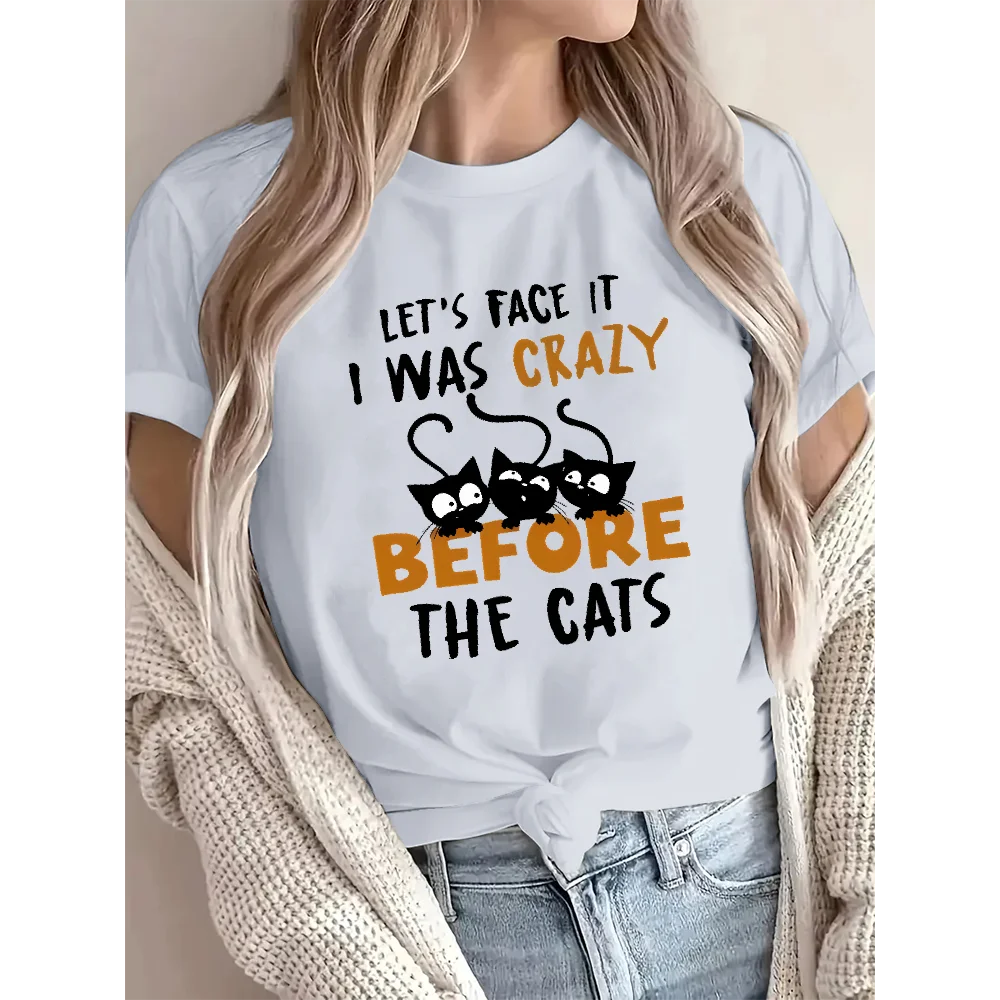 

Women's round Neck Short Sleeve T-shirt Letter Slogan Emotion Cartoon Animal Cat Pattern Print Tees Casual Cotton Oversize Tops