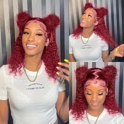 13x4 Burgundy 99J Red Colored Deep Wave Wigs Human Hair Short Bob HD Lace Front Human Hair Wig For Women Short Deep Curly