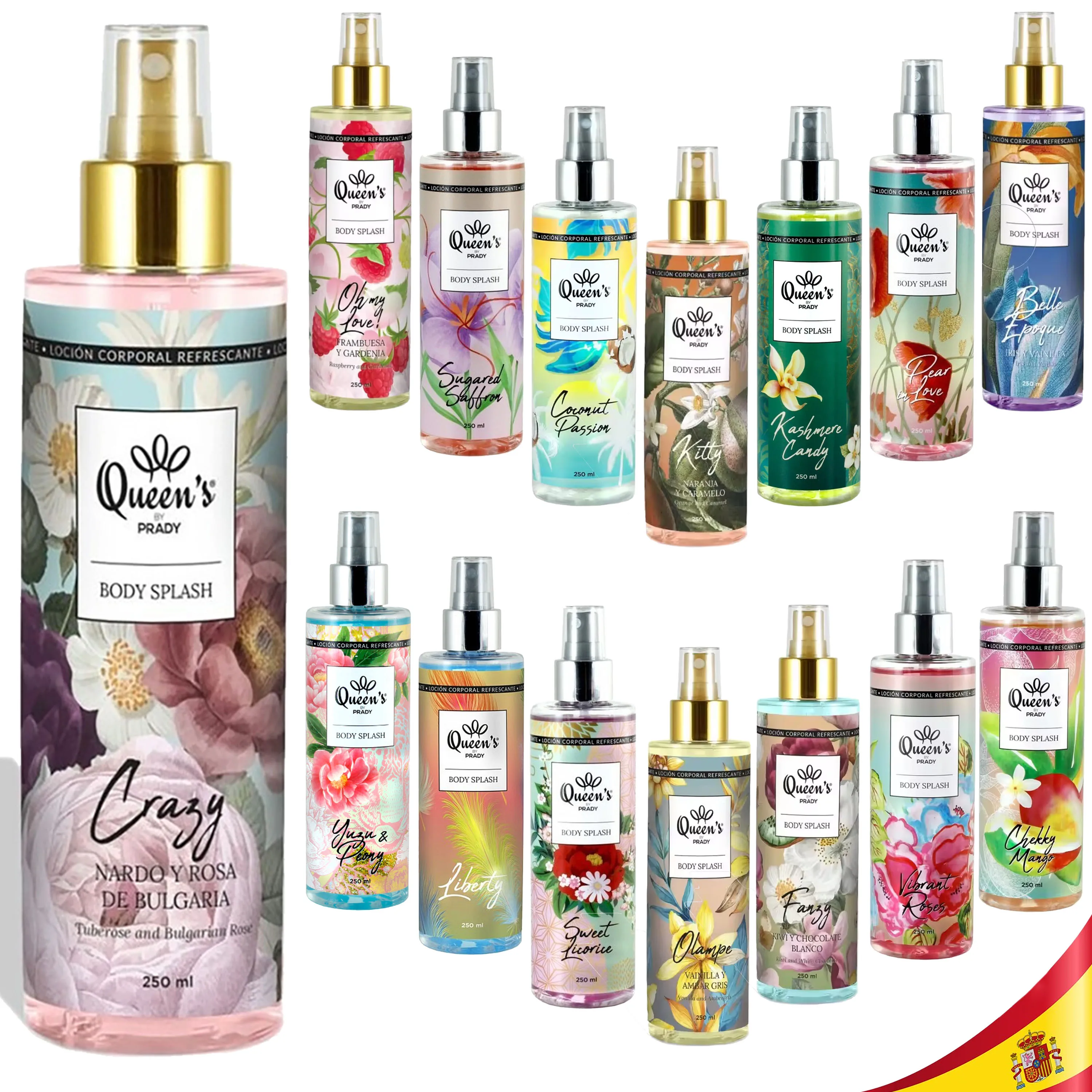 Locion Corporal BODY SPLASH 250ml QUEEN's Frescura Inmediata Revitaliza la Piel Aromatiza Prendas de Vestir 2en1 Cuerpo y Ropa Pulverizador Coco Belle Epoque OhMyLove Fanzy Mango Kitty Vainilla Roses Kiwi Chocolate