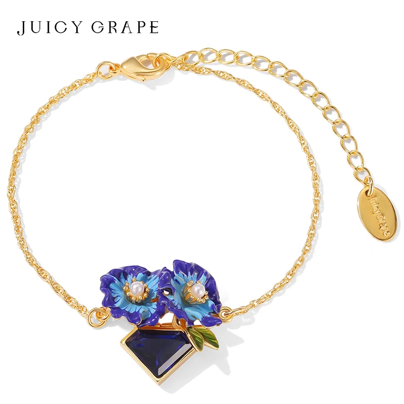 Juicy Grape Orchid Bracelet for Women Blue Enamel Flower Bracelet with 18K gold Plated Tail Chain Can be Engraving of names