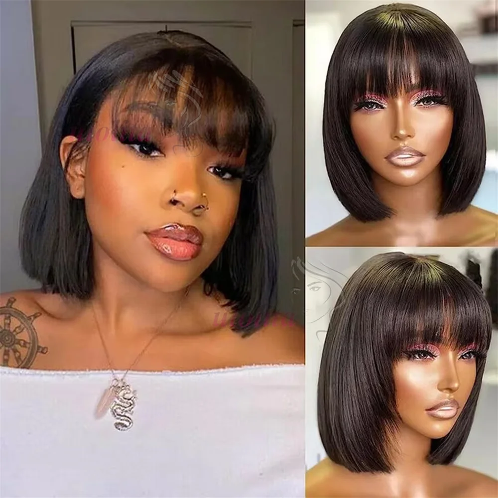 Malaysian Human Hair Wig with Bangs Remy Straight Hair Bob Wigs Full Machine Made Wig for Women 8 10 12 Inches No Lace Bob Wigs