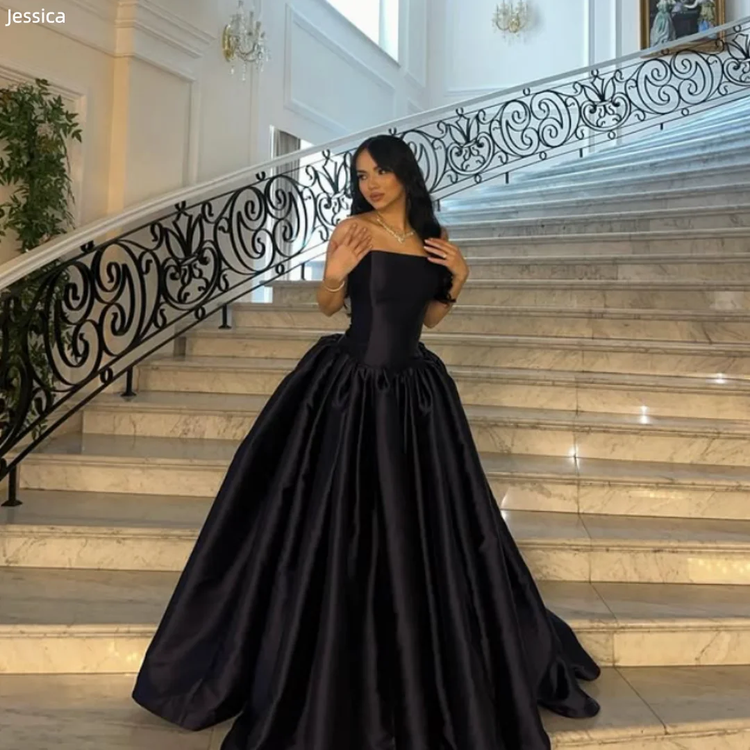 

Черные вечерние платья Jessica, сексуальные атласные платья для выпускного вечера с открытыми плечами, элегантные женские вечерние платья трапециевидной формы для официальных мероприятий