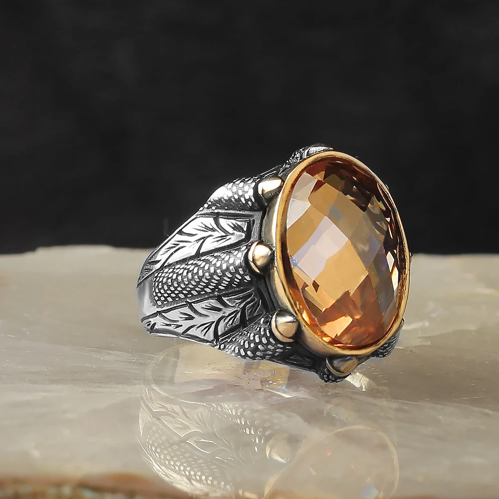 Solid 925 sterling silver ring Citrine stone falcon nail design for men gift of jewelry high quality shiny stone