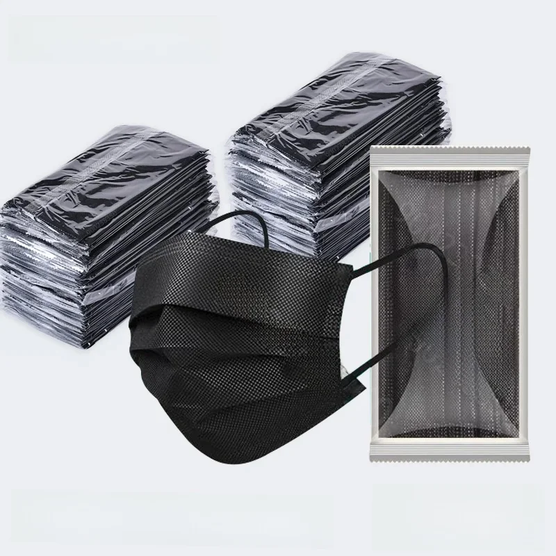 10-500 pièces adultes masque jetable individuel paquet séparé masque noir Anti-poussière 3 couches filtre noir bouche masque facial